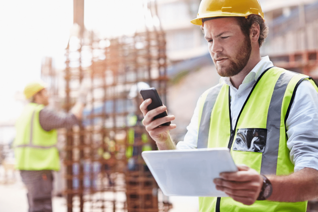 Chef de chantier utilisant un smartphone pour la surveillance vidéo à distance d'un chantier.