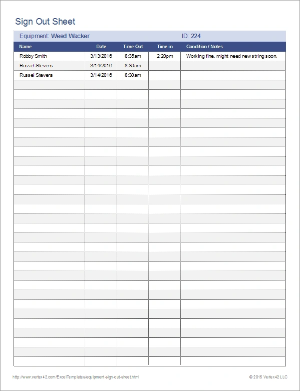 Equipment sign-out sheet to track usage and prevent theft on construction sites.