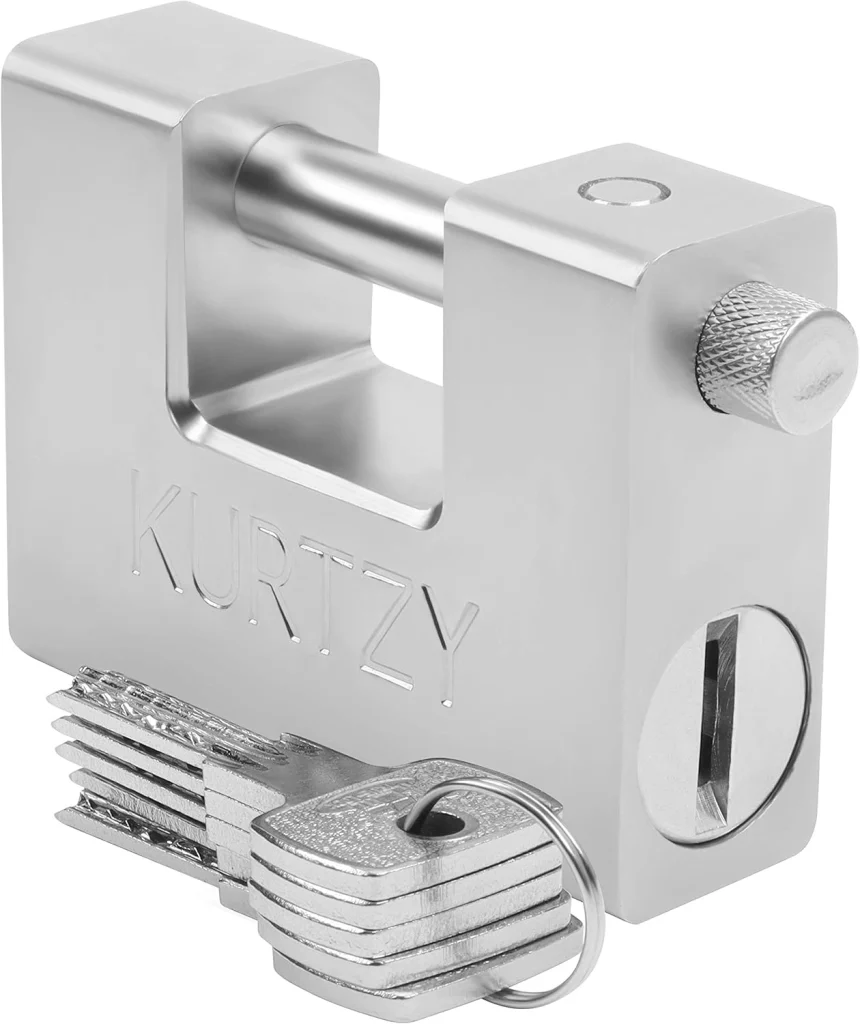 Heavy-duty lock and key for securing construction site equipment and materials.