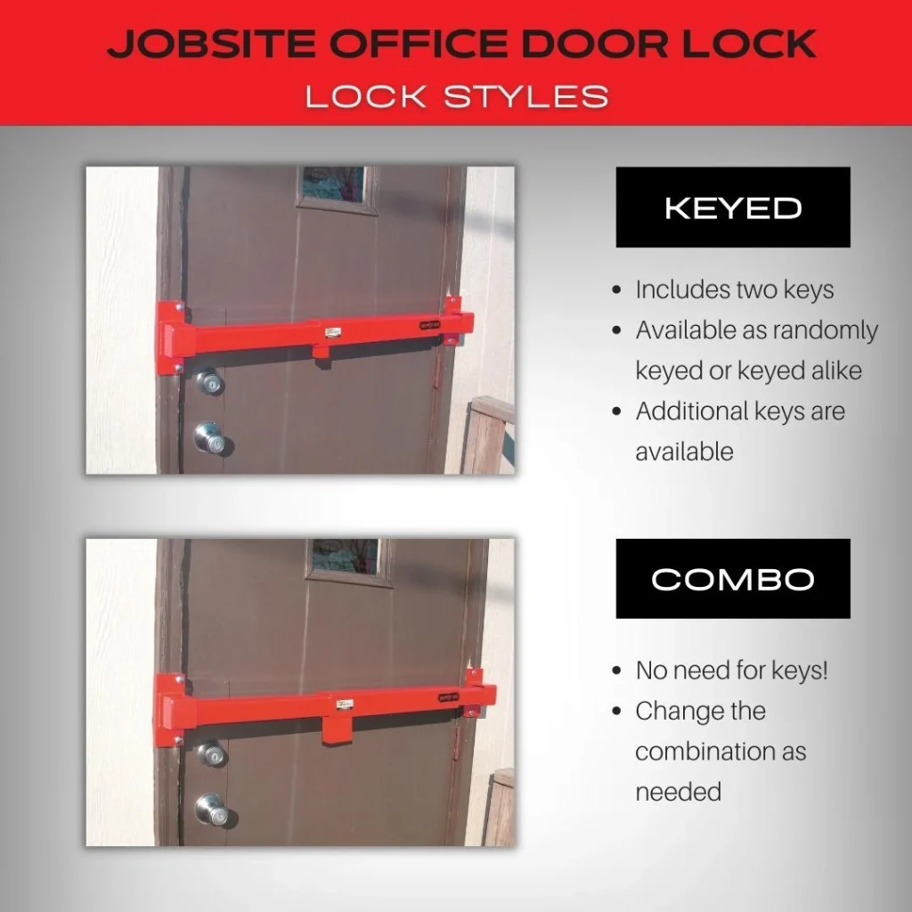 Jobsite door lock options with keyed and combination lock styles for security.