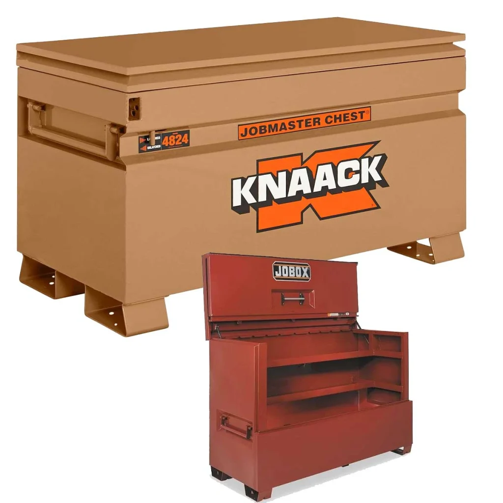 Secure storage job boxes for protecting tools and equipment on construction sites.