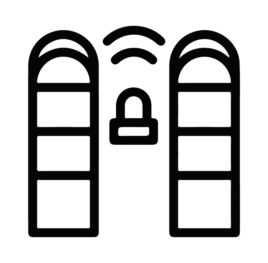 Icône de deux silos avec des signaux sans fil et un cadenas.