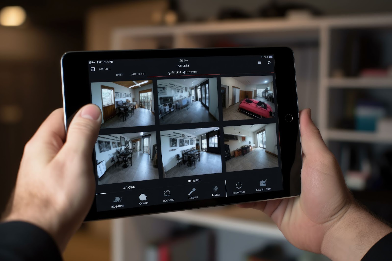 Tablette affichant les flux en direct d'un système de vidéosurveillance.