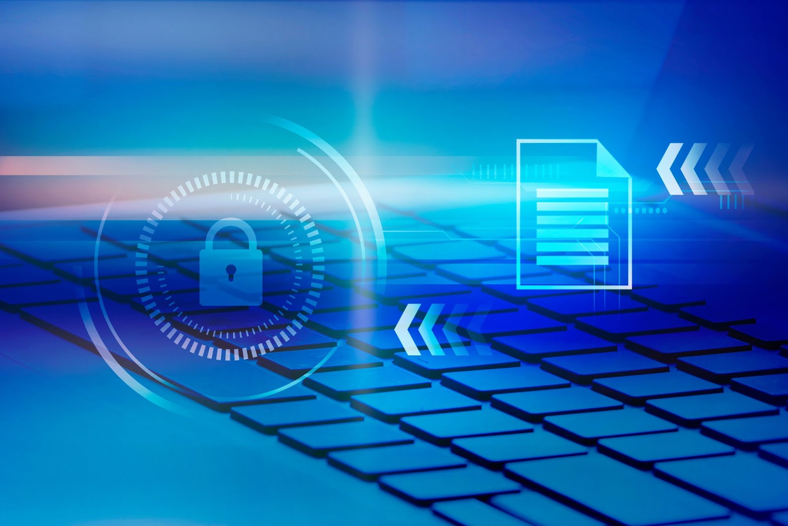 Concept de cybersécurité avec verrouillage numérique et clavier bleu lumineux.