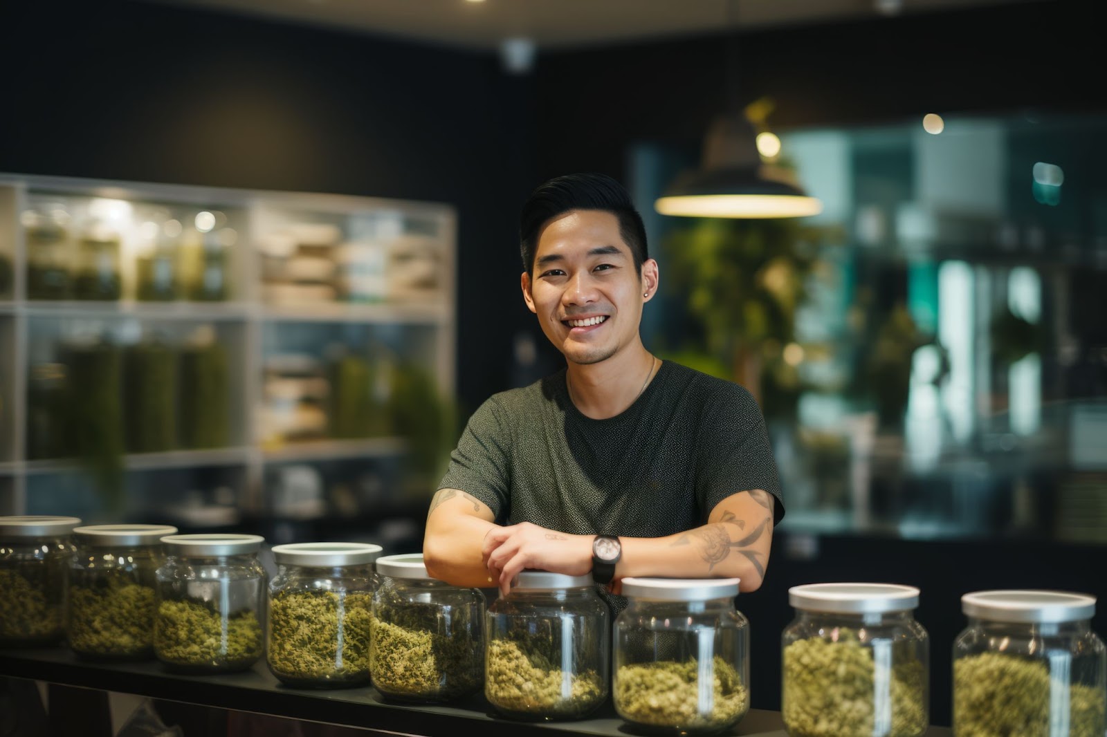 Homme souriant dans un dispensaire avec des bocaux de variétés de cannabis.