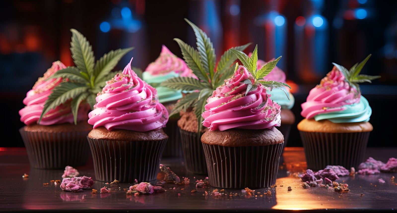 Des cupcakes colorés et infusés, décorés de feuilles de marijuana.