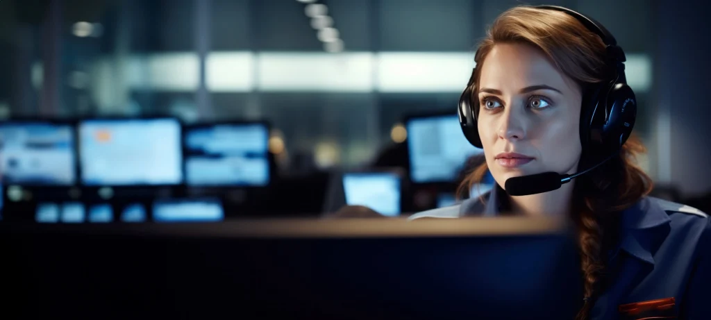 Female security operator monitoring screens in a surveillance center.