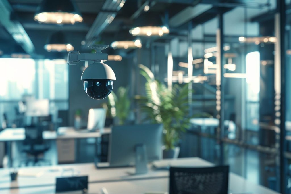 Modern security camera in an office setting, overseeing workspaces.