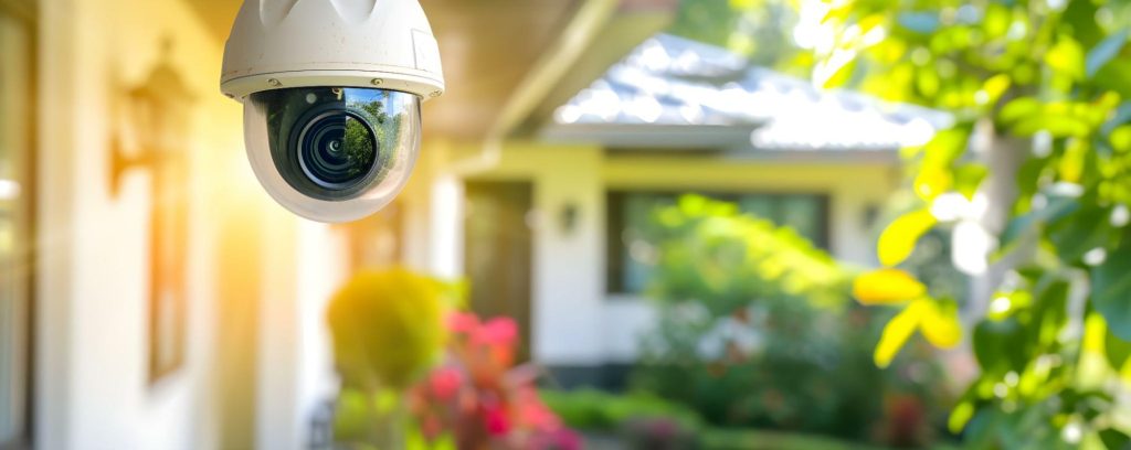 Outdoor security camera monitoring a residential entryway, surrounded by greenery.