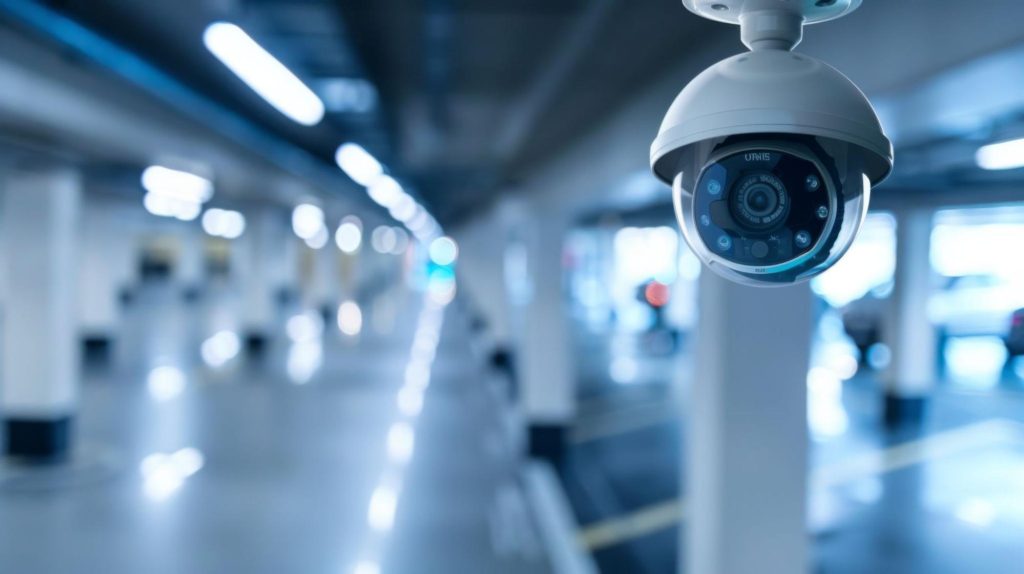 Security camera monitoring parking area in apartment complex.