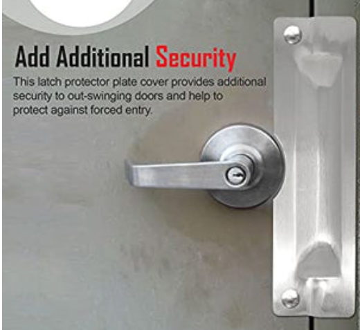 Security latch protector plate on a commercial door.