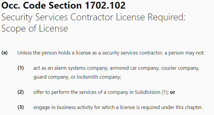 Text display of Texas Occupational Code Section 1702.102 outlining security services contractor license requirements.