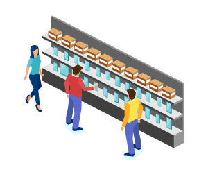 Des clients interagissent avec des produits dans un rayon de vente au détail, surveillés par une IA d'analyse des flux de trafic.