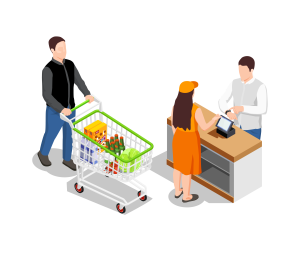 Processus d'encaissement dans un supermarché sous surveillance pour l'optimisation du flux de trafic.