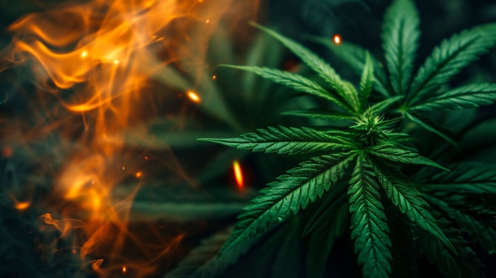A vivid depiction of cannabis leaves surrounded by fiery orange and yellow flames.