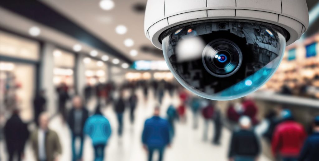 Overhead CCTV camera for shopping center remote surveillance monitoring shoppers.
