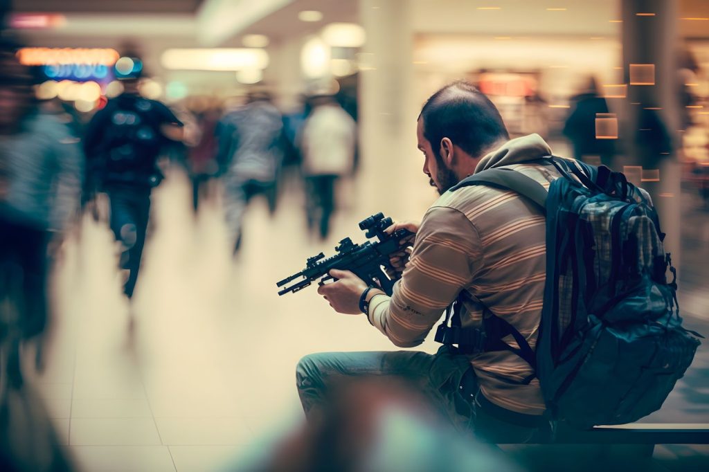 Man with a machine gun firearm in a shopping mall with many people.