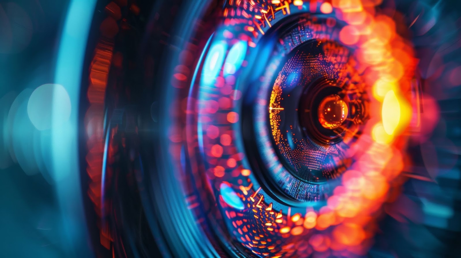 Gros plan sur l'objectif d'une caméra de sécurité de haute technologie avec incrustations numériques.