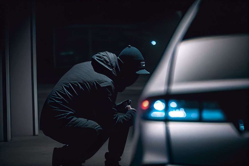 Potential security threat of car theft in parking space lot, highlighting need for effective security measures.