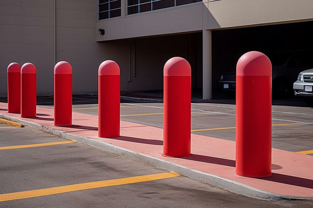 Red security bollards used to protect parking spaces and control vehicle access