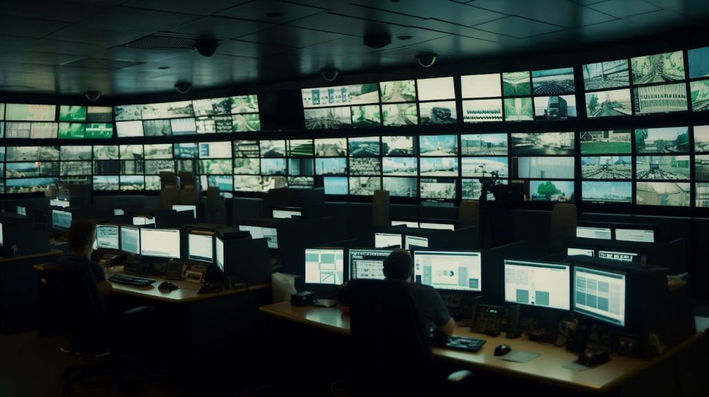 Advanced security monitoring room with surveillance screens for overseeing and securing parking space lots.
