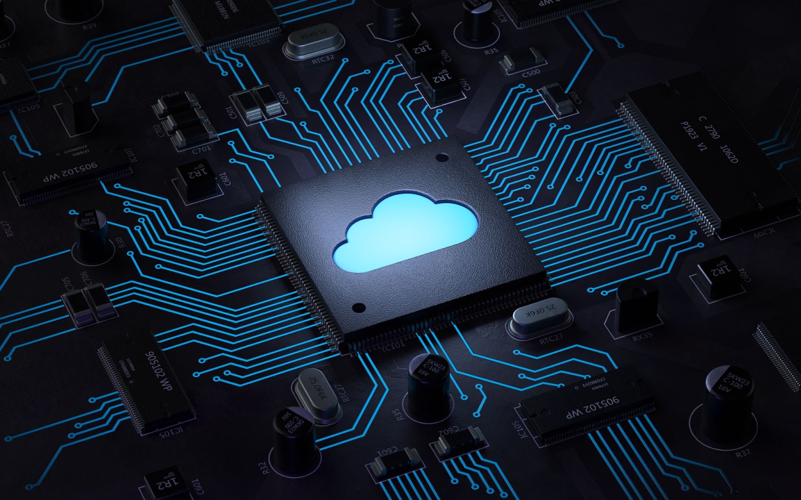 Concept d'informatique en nuage avec une icône de nuage sur un circuit imprimé.