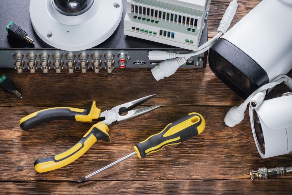 Tools and components for security system installation.