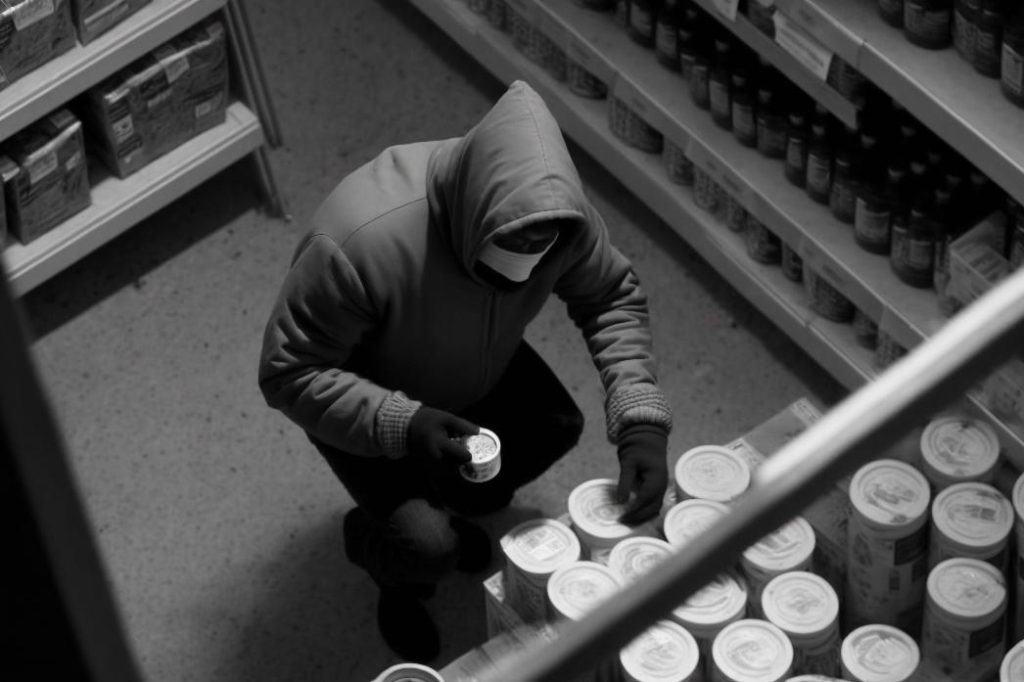 Hooded person handling products on a store shelf in a surveillance photo.