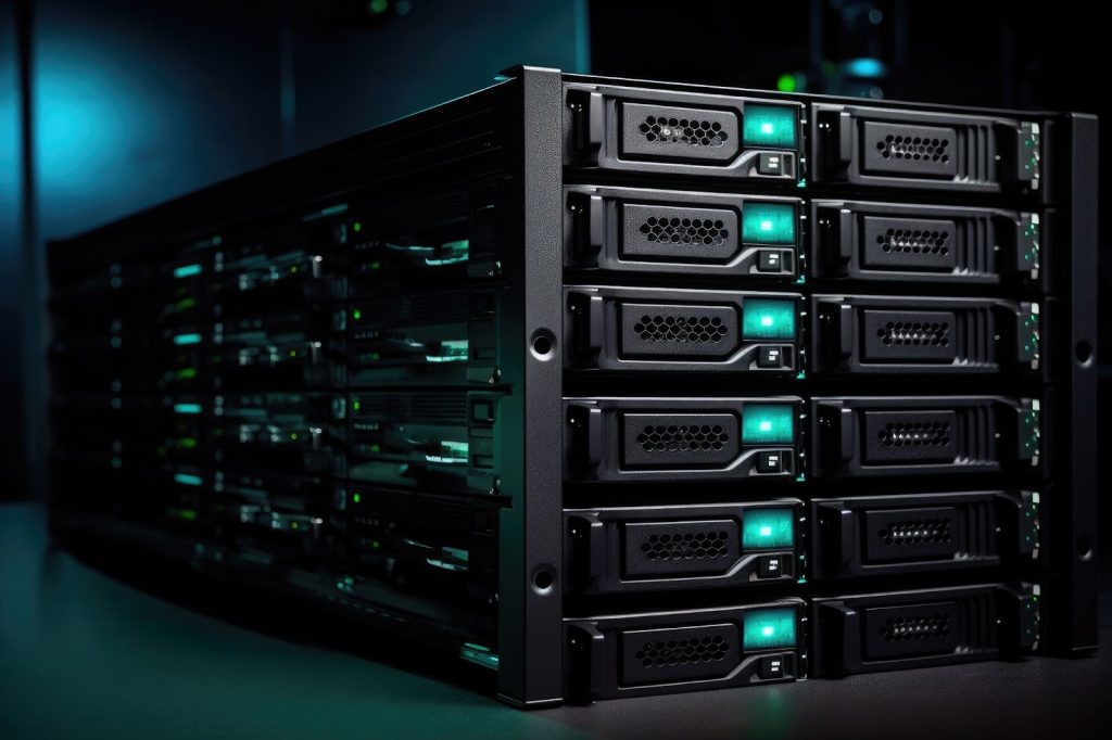 NVR montés en rack avec des lumières vertes, utilisés pour le stockage de la surveillance.
