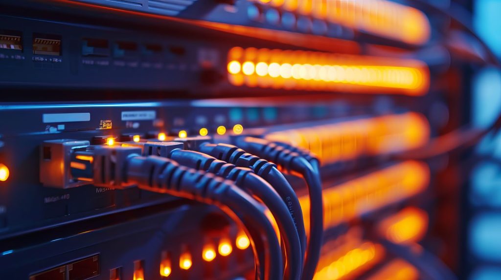 Commutateur réseau avec câbles Ethernet connectés pour les systèmes d'enregistrement vidéo.