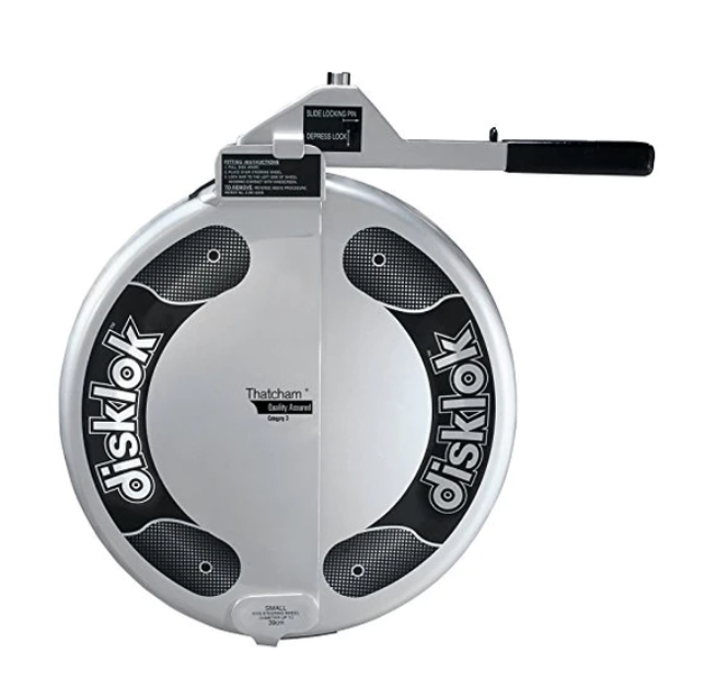 Disklok steering wheel lock, a security device for vehicle theft prevention.