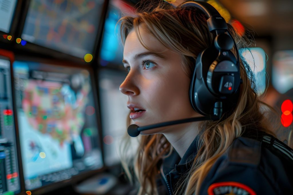Female security operator monitoring GPS locations on computer screens.