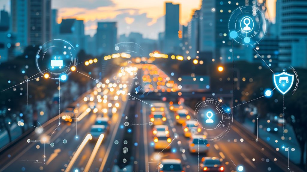 Traffic on city roads with digital tracking and security icons overlaid.