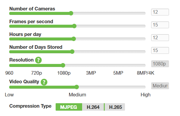 Capture d'écran d'une interface de paramétrage du stockage calculant l'espace requis pour les images de sécurité.