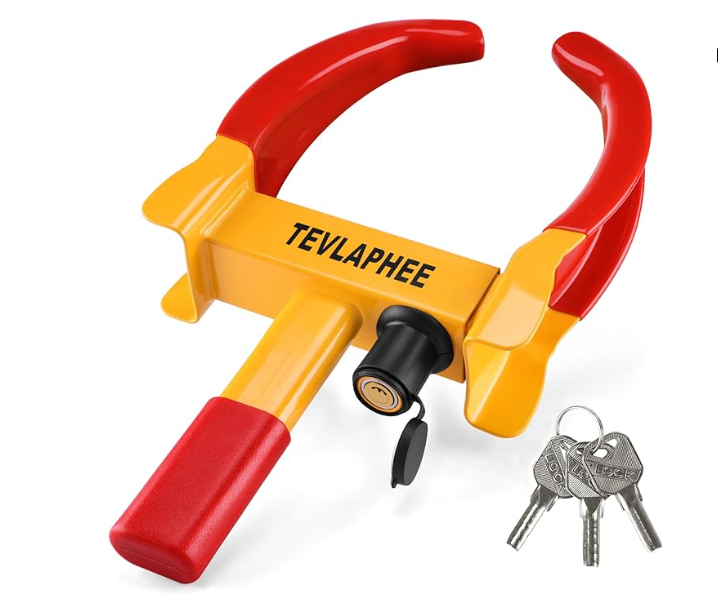 Bright yellow and red steering wheel lock with keys.