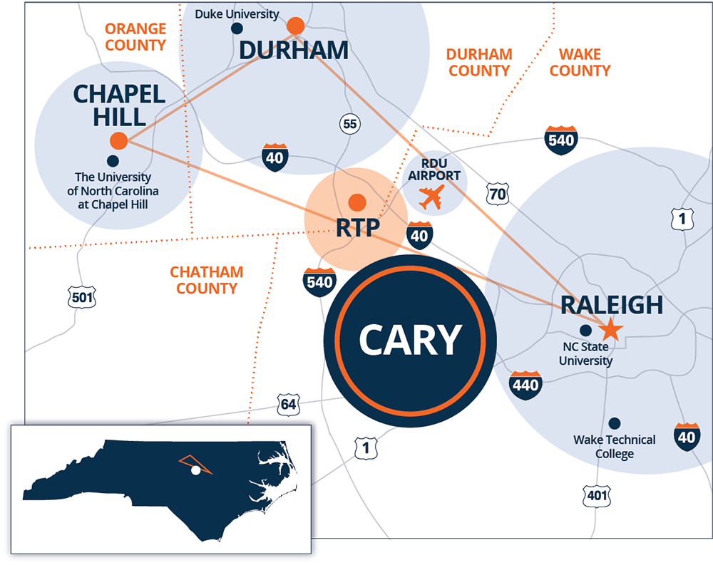 Carte détaillée de Cary par rapport à Raleigh et Durham en Caroline du Nord.