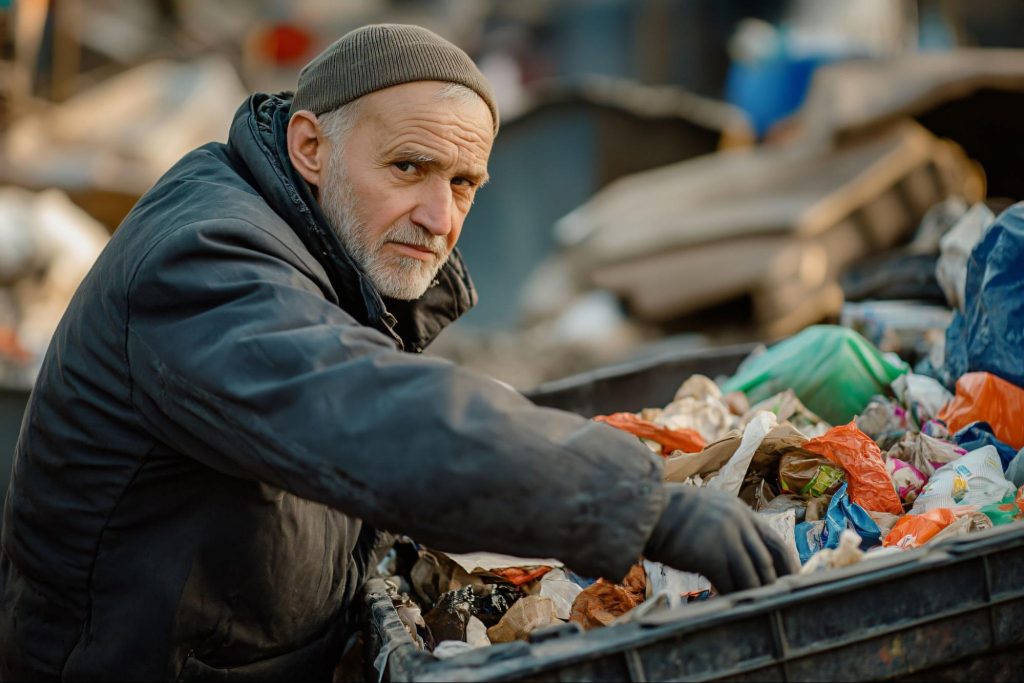 Homme âgé cherchant des objets dans une poubelle.