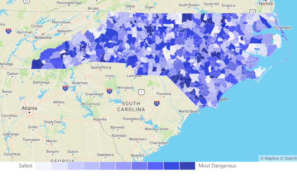 Carte thermique montrant les différents taux de criminalité en Caroline du Nord.