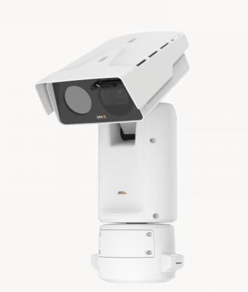 Caméra de sécurité extérieure moderne sur un support pivotant sur un fond uni.