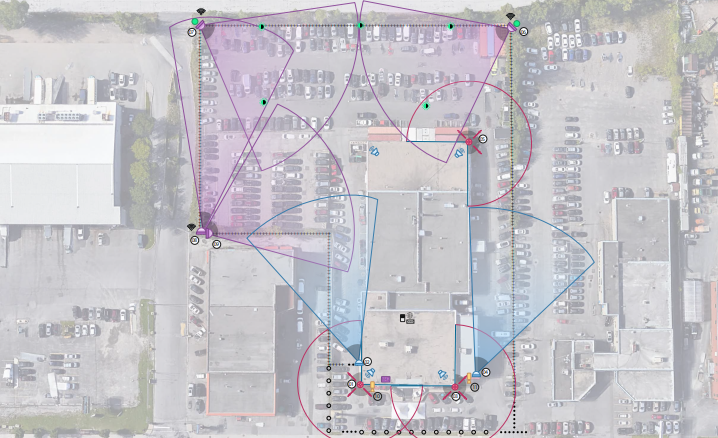 Aerial view layout showing security camera coverage zones in an urban area.