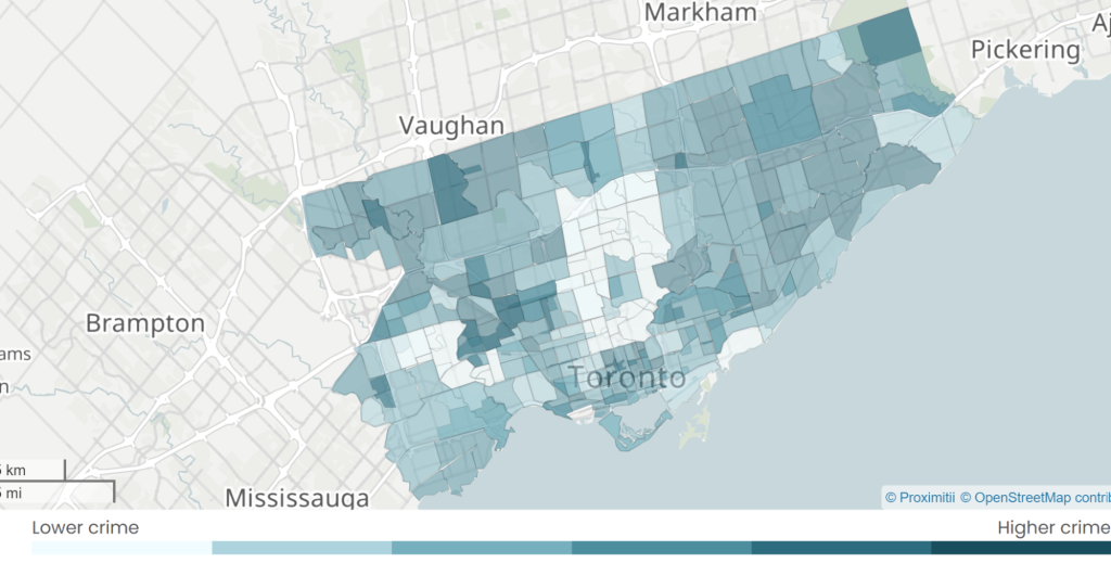 Carte des taux de criminalité montrant différents quartiers de Toronto.