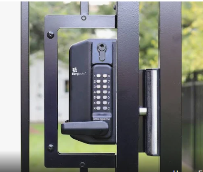 Keypad lock security system for controlled gate access.