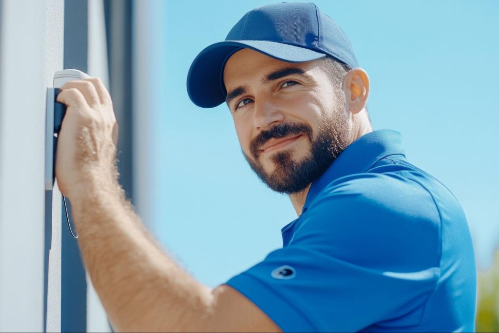 Technician in blue shirt installing an access card reader.