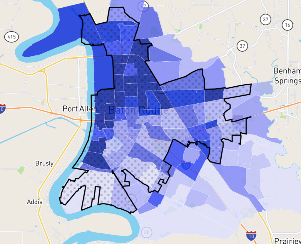 Carte illustrant la répartition de la criminalité dans les quartiers de Baton Rouge.