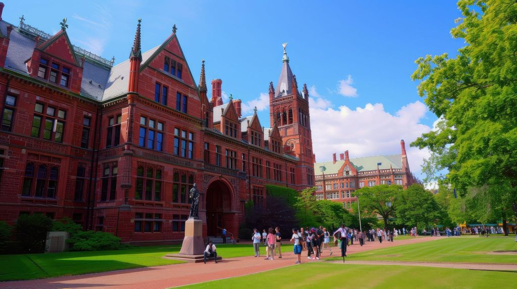 Students walking through the Harvard University campus.