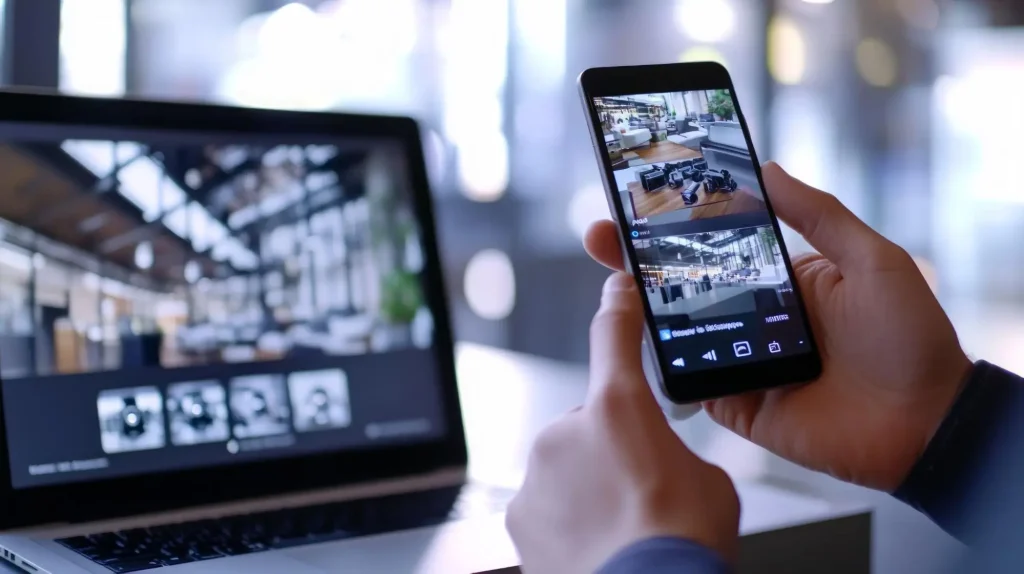 Personne utilisant un smartphone et un ordinateur portable pour surveiller les images en direct d'une caméra PTZ.