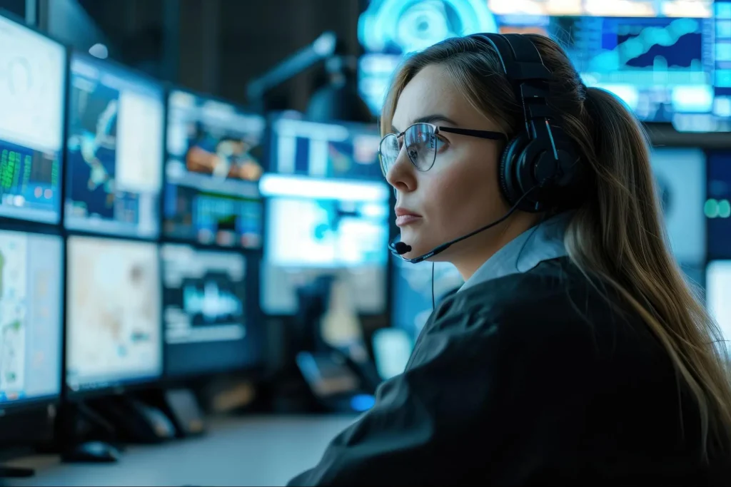 Cybersecurity expert monitoring data on multiple screens for access control.