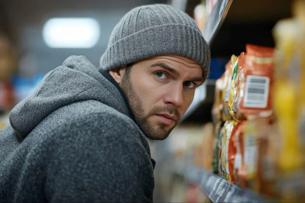 Un homme observe prudemment son environnement pendant qu'il vole à l'étalage dans une allée du magasin.