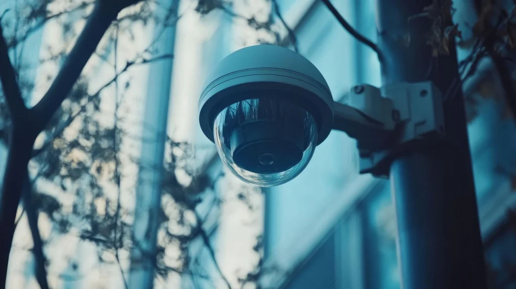Close-up of a security camera mounted outside, symbolizing surveillance in New Orleans.