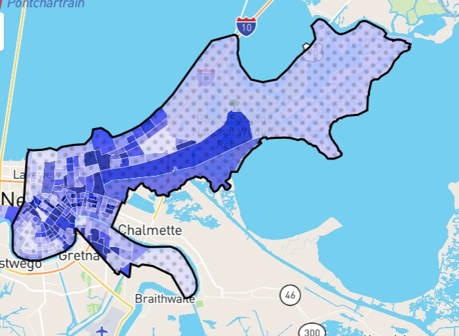 Map highlighting New Orleans neighborhoods with safety risk shading.